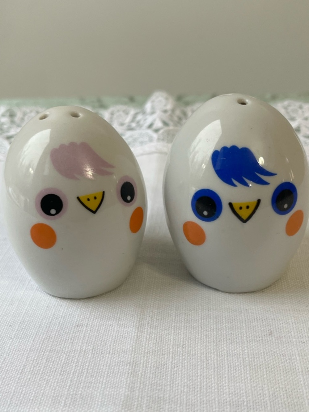 Vintage Anthropomorphic Egg Bird Salt & Pepper Shakers - Blue & Pink